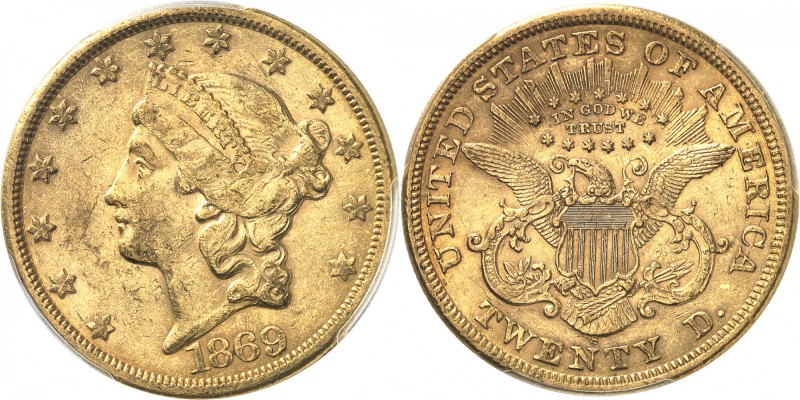 USA
20 dollars Liberté 1869, San Francisco.
Av. Tête de Liberté à gauche. Rv. ...