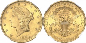 USA
20 dollars Liberté 1904, Philadelphie.
Av. Tête de Liberté à gauche. Rv. Aigle aux ailes déployées.
Fr. 177. 
NGC MS 65