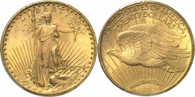 USA
20 dollars « Saint-Gaudens » 1924, Philadelphie.
Av. Liberté de face brandissant un flambeau ainsi qu’une branche d’olivier. Rv. Aigle volant à ...