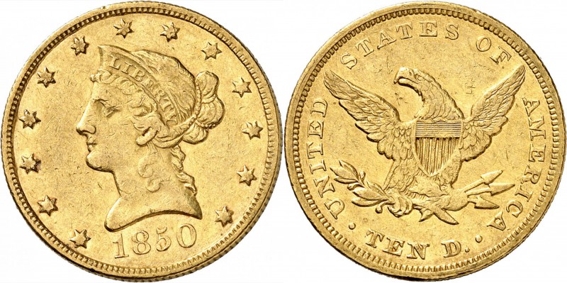 USA
10 dollars Liberté 1850, Philadelphie. 
Av. Tête de Liberté à gauche. Rv. ...