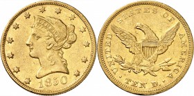 USA
10 dollars Liberté 1850, Philadelphie. 
Av. Tête de Liberté à gauche. Rv. Aigle aux ailes déployées. 
F. 157.
TTB