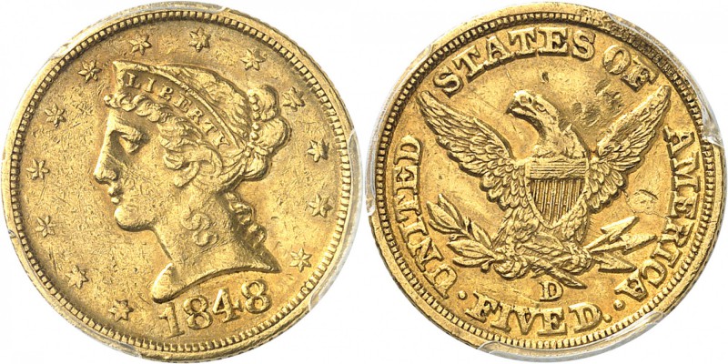 USA
5 dollars Liberté 1848, Delanogha.
Av. Tête de Liberté à gauche. Rv. Aigle...