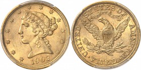 USA
5 dollars Liberté 1902, Philadelphie.
Av. Tête de Liberté à gauche. Rv. Aigle aux ailes déployées.
Fr. 143.
PCGS MS 62