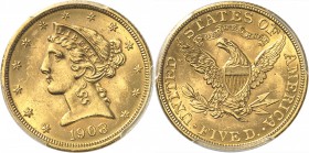 USA
5 dollars Liberté 1908, Philadelphie.
Av. Tête de Liberté à gauche. Rv. Aigle aux ailes déployées.
Fr. 148. 
PCGS MS 64
