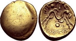 Northeast Gaul, the Ambiani AV Stater. Gallic War uniface type. Circa 56-55 BC. Plain / Devolved horse to right; pellet triad and 'charioteer's arms' ...