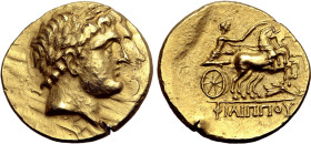Central Europe, Helvetii(?) AV Stater. Imitating Philip II of Macedon. Circa 3rd century BC. Laureate head of Apollo to right / Charioteer, holding ke...