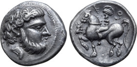 Celts in Eastern Europe AR Tetradrachm. Baumreiter Type. Circa 3rd century BC. Celticised, bearded head wearing reversed laurel wreath to right / Ride...
