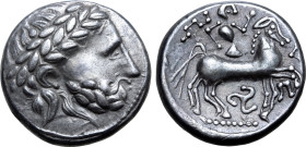Celts in Eastern Europe AR Tetradrachm. Triskeles Type. Circa 3rd - 2nd century BC. Celticised, laureate and bearded head of Zeus to right / Stylised ...