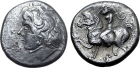 Celts in Eastern Europe AR Tetradrachm. Lysimachoskopf Type. Circa 2nd - 1st century BC. Youthful head to left, S-form in front / Rider on horseback t...