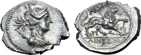 Gaul, Massalia AR Drachm. Circa 150-125 BC. Draped bust of Artemis to right, wearing stephane; bow and quiver over shoulder / Lion standing to right; ...