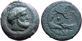 Etruria, uncertain mint (Populonia?) Æ 100 Units (Centesimae). Late 4th - 3rd century BC. Laureate and bearded head of Tinia to right, ƆIC (mark of va...