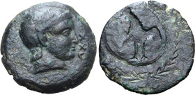 Etruria, uncertain mint Æ 25 Units. Late 4th - early 3rd century BC. Helmeted head of Menvra to right; XXV (mark of value) before / Incuse cock standi...