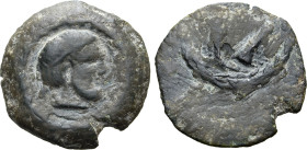 Etruria, uncertain mint Æ 10 Units. Late 4th-early 3rd century BC. Laureate head of Tinia to right; X (mark of value) behind / Two incuse fish swimmin...
