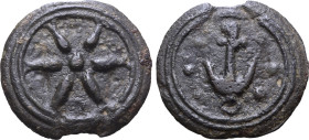 Etruria, uncertain mint cast Æ Semis. 3rd century BC. Wheel with six spokes / Anchor; six pellets (mark of value) in field. ICC 148; HN Italy 65d; Hae...