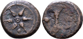 Etruria, uncertain mint cast Æ Uncia. 3rd century BC. Wheel with six spokes; pellet in field / Bipennis; pellet and Etruscan letter in field. ICC 170b...