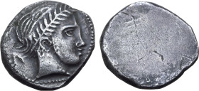 Etruria, Luca(?) AR 5 Units. Circa 325-300 BC. Laureate young male head to right, Λ behind, dotted border / Blank. EC I, 4.30 (this coin); HN Italy 97...