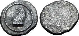 Etruria, Populonia AR Drachm. Early 5th century BC. Head and neck of roaring lion to left; dotted border around / Blank. EC I, 5.2 (O1): HN Italy 114;...