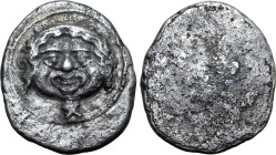 Etruria, Populonia AR Didrachm (10 Units). Circa 425-400 BC. Head of Metus facing, hair bound with diadem, X below, dotted border / Blank. EC I, 8.1-2...