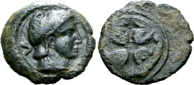 Etruria, Populonia Æ 5 Units. Late 4th - 3rd century BC. Young male head to right, wearing Phrygian helmet; V (mark of value) behind / Incuse cross sh...