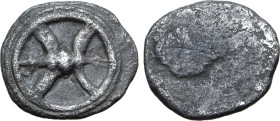 Etruria, Populonia AR Unit. 4th century BC. Wheel with long crossbar, central pin supported by two curved struts / Blank. EC I, 19.5 (this coin); HN I...