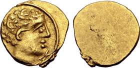 Etruria, Populonia AV 10 Asses. Circa 300-250 BC. Bare male head to right; X (mark of value) below chin / Blank. EC I, 29.14 (O2, this coin); HN Italy...