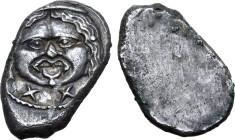 Etruria, Populonia AR 20 Asses. Circa 300-250 BC. Facing head of Metus, hair bound with diadem; X:X (mark of value) below / Traces of 'poplv' in Etrus...