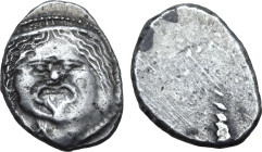 Etruria, Populonia AR 20 Asses. Circa 300-250 BC. Facing head of Metus, hair bound with diadem; X:X (mark of value) below / Club. EC I, 46.1-17 (O12/R...