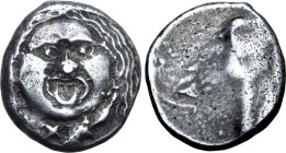 Etruria, Populonia AR 20 Asses. Circa 300-250 BC. Facing head of Metus; X:X (mark of value) below / Kerykeion. EC I, 48 (O14/R18); HN Italy 150; HGC 1...