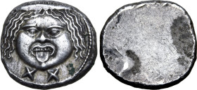 Etruria, Populonia AR 20 Asses. Circa 300-250 BC. Facing head of Metus; X X (mark of value) below / Blank. EC I, 52.199 (O20); HN Italy 142; HGC 1, 11...