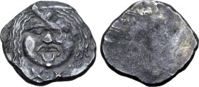 Etruria, Populonia AR 20 Asses. 3rd century BC. Facing head of Metus; X : X (mark of value) below / Blank. EC I, 52.125 (O20); HN Italy 142; Sambon 59...