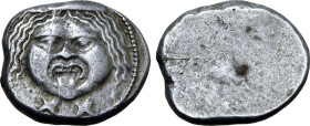 Etruria, Populonia AR 20 Asses. Circa 300-250 BC. Facing head of Metus, hair bound with diadem; X X (mark of value) below / Blank. EC I, 60.11-102 (O3...