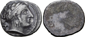 Etruria, Populonia AR 10 Asses. Circa 300-250 BC. Female head to right, wearing broad hair band and triple-pendant earring; + (mark of value) behind /...