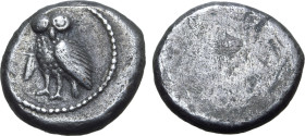 Etruria, Populonia AR 5 Asses. 3rd century BC. Owl standing to left, head facing; V (mark of value) to left / Blank. EC I, 94.1 (O1, same die); HN Ita...
