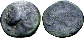 Etruria, Populonia Æ Uncia. Circa 215-211 BC. Female head to right, hair in band, • (mark of value) behind / Two crescents and four stars. EC I, 131.1...
