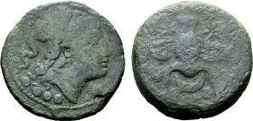 Etruria, Populonia Æ Triens. Circa 215-211 BC. Head of Menvra to right, wearing Corinthian helmet, •••• (mark of value) below / Etruscan legend 'pvplv...