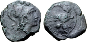 Etruria, Populonia Æ Sextans. Circa 215-211 BC. Head of Menvra to right, wearing Corinthian helmet, •• (mark of value) above / Etruscan legend 'pvplvn...