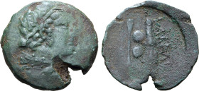 Etruria, Populonia Æ Sextans. Circa 215-211 BC. Diademed head of young Hercle to right, club over shoulder / Etruscan legend 'pvplvna', bow, arrow and...