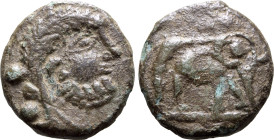 Samnium, Meles Cast Æ Sextans. Time of Hannibal, 216-210 BC. Bearded head of Hercules-Baal to right, club over shoulder; •• (mark of value) behind / A...