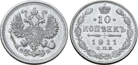 Russia, Empire. Nicholas II AR 10 Kopeck. St. Petersburg mint, 1911. Elikum Babayants, mintmaster. Crowned double-headed eagle facing with wings sprea...