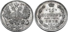 Russia, Empire. Nicholas II AR 15 Kopeck. St. Petersburg mint, 1913. Victor Smirnov, mintmaster. Crowned double-headed eagle facing with wings spread,...