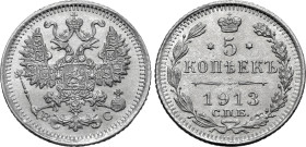 Russia, Empire. Nicholas II AR 5 Kopeck. St. Petersburg mint, 1913. Victor Smirnov, mintmaster. Crowned double-headed eagle facing with wings spread, ...