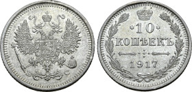 Russia, Empire. Nicholas II AR 10 Kopeck. St. Petersburg mint, 1917. Crowned double-headed eagle facing with wings spread, wearing shield on breast de...