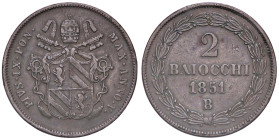 ZECCHE ITALIANE - BOLOGNA - Pio IX (1846-1866) - 2 Baiocchi 1851 A. V Pag. 310/a; Mont. 282/283 CU Colpetti

BB