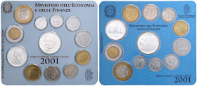 REPUBBLICA ITALIANA - Repubblica Italiana (monetazione in lire) (1946-2001) - Serie zecca 2001 Mont. 38 R In confezione - 12 valori Il 10 lire ha l'as...