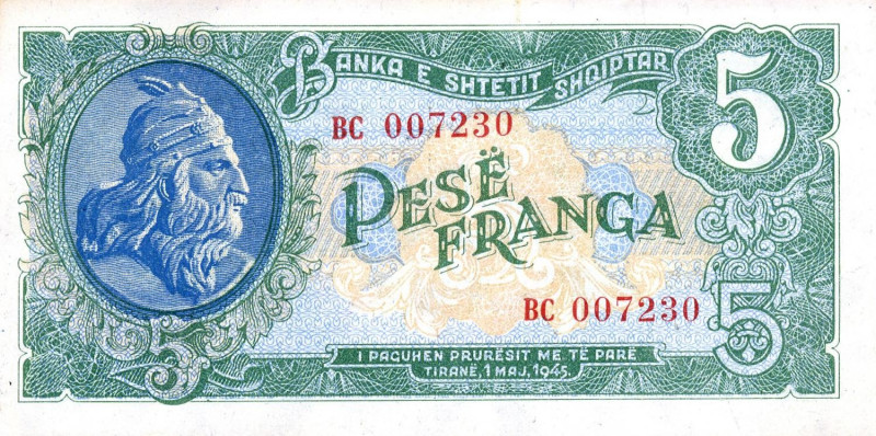 CARTAMONETA ESTERA - ALBANIA - Repubblica (1945-1991) - 5 Franga 01/05/1945 Pick...