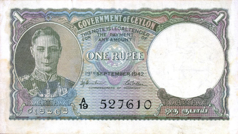 CARTAMONETA ESTERA - CEYLON - Giorgio VI (1936-1952) - Rupia 19/09/1942

BB