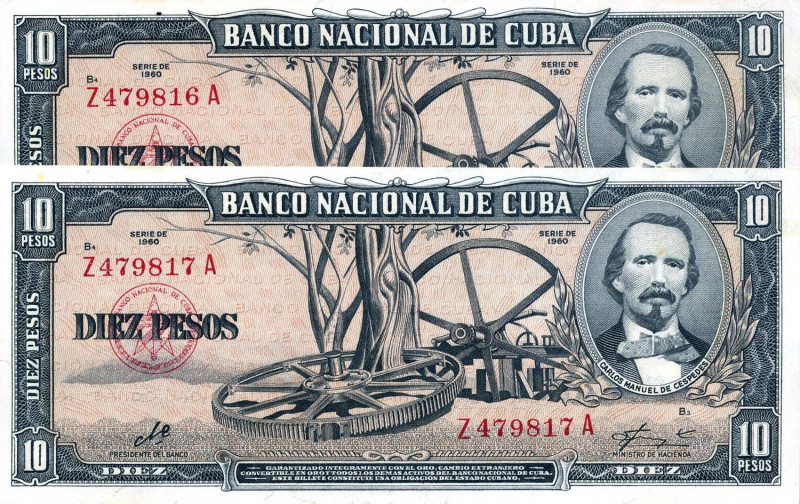 CARTAMONETA ESTERA - CUBA - Repubblica - 10 Pesos 1960 Lotto di 2 biglietti cons...