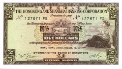 CARTAMONETA ESTERA - HONG KONG - Elisabetta II (1952) - 5 Dollari 31/10/1973 Lotto di 3 biglietti consecutivi

FDS
