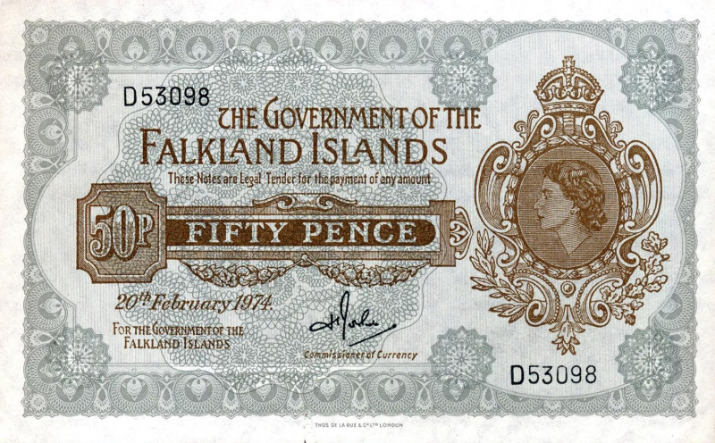 CARTAMONETA ESTERA - ISOLE FALKLAND - Elisabetta II (1952) - 50 Pence 20/02/1974...