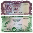 CARTAMONETA ESTERA - UGANDA - Repubblica (1962) - 100 Scellini (1966) Pick 5 Assieme a 20 scellini - Lotto di 2 biglietti

FDS